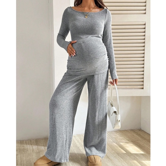 Maternity Wide Scoop Neck Ribbed Long Sleeve Top Wide Leg Pants Set - Picture 10 of 14